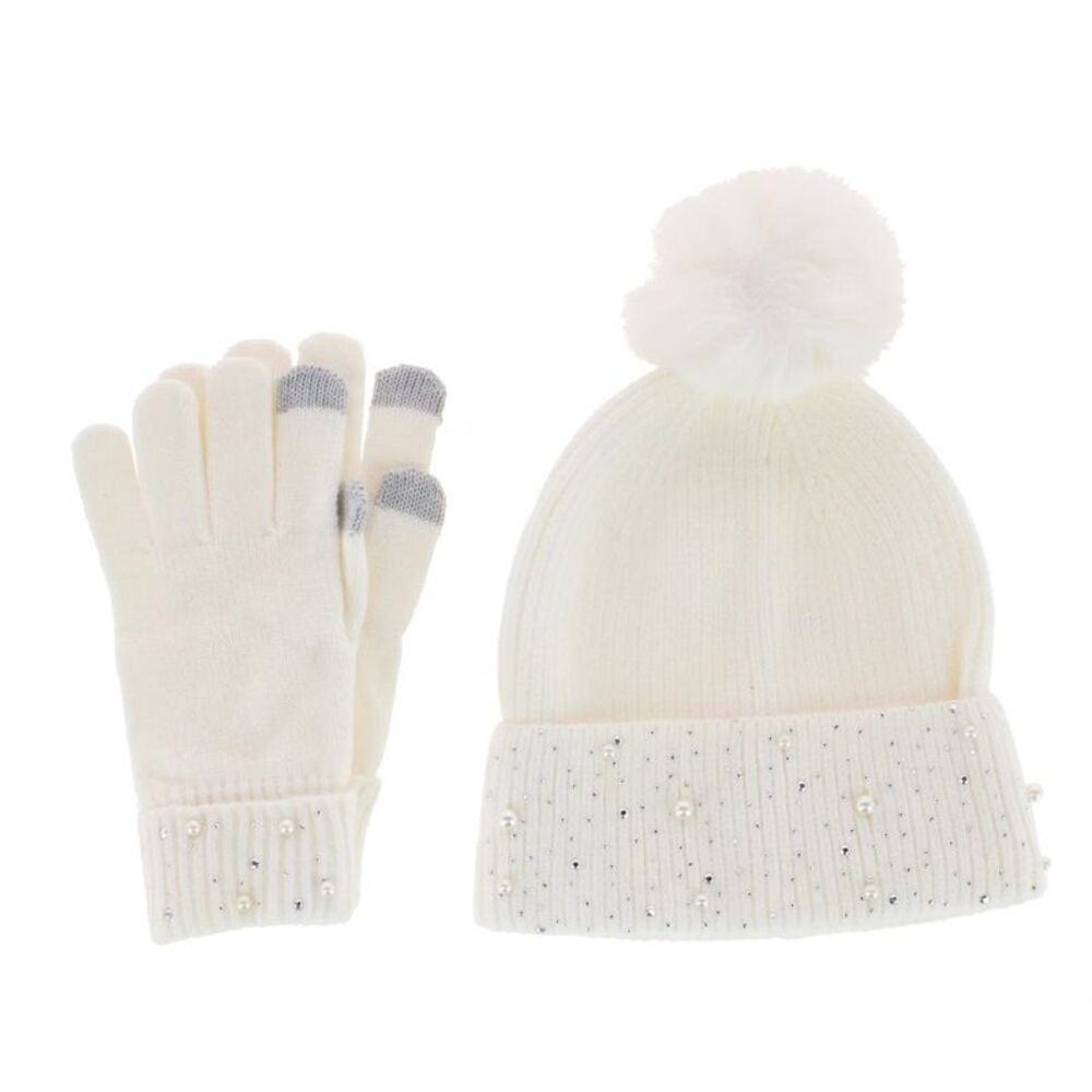 CTM Women's Embellished Knit Winter Beanie and Touchscreen Glove Set